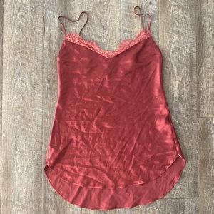 VS off red silk nightgown with lace top detail